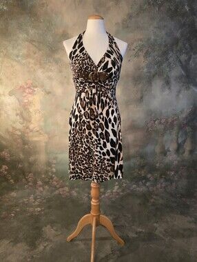 Cache Vintage Y2K Leopard Halter Dress Faux Leather Belt Empire Waist Vneck M